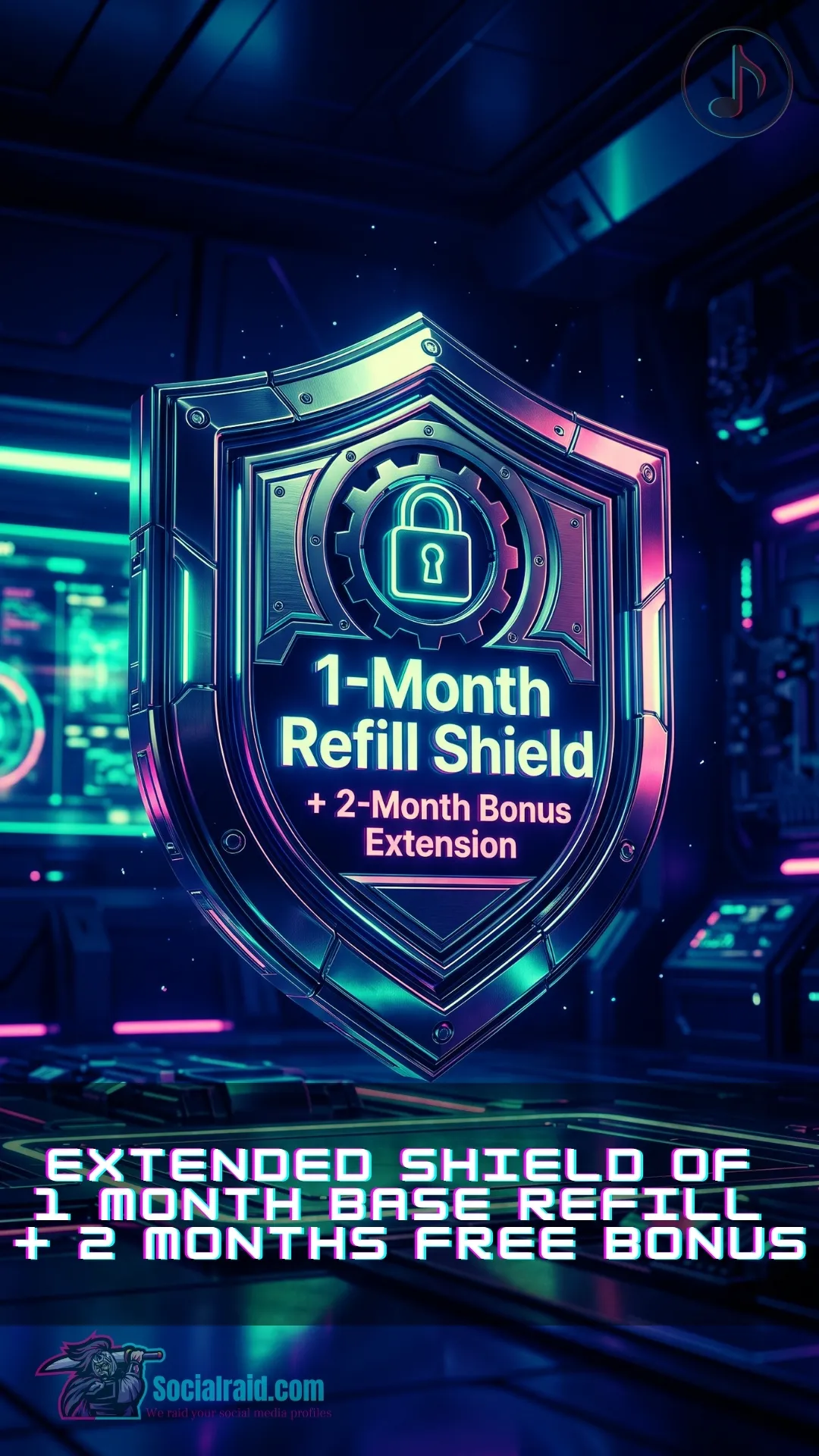 A 3D metallic shield badge displaying 1-Month Base Warranty plus 2-Month Bonus Refill Extension for TikTok shares.