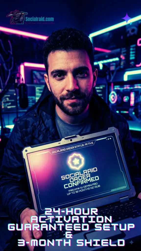 Close-up of a laptop displaying a verified 24-hour activation badge in a cyberpunk room.
