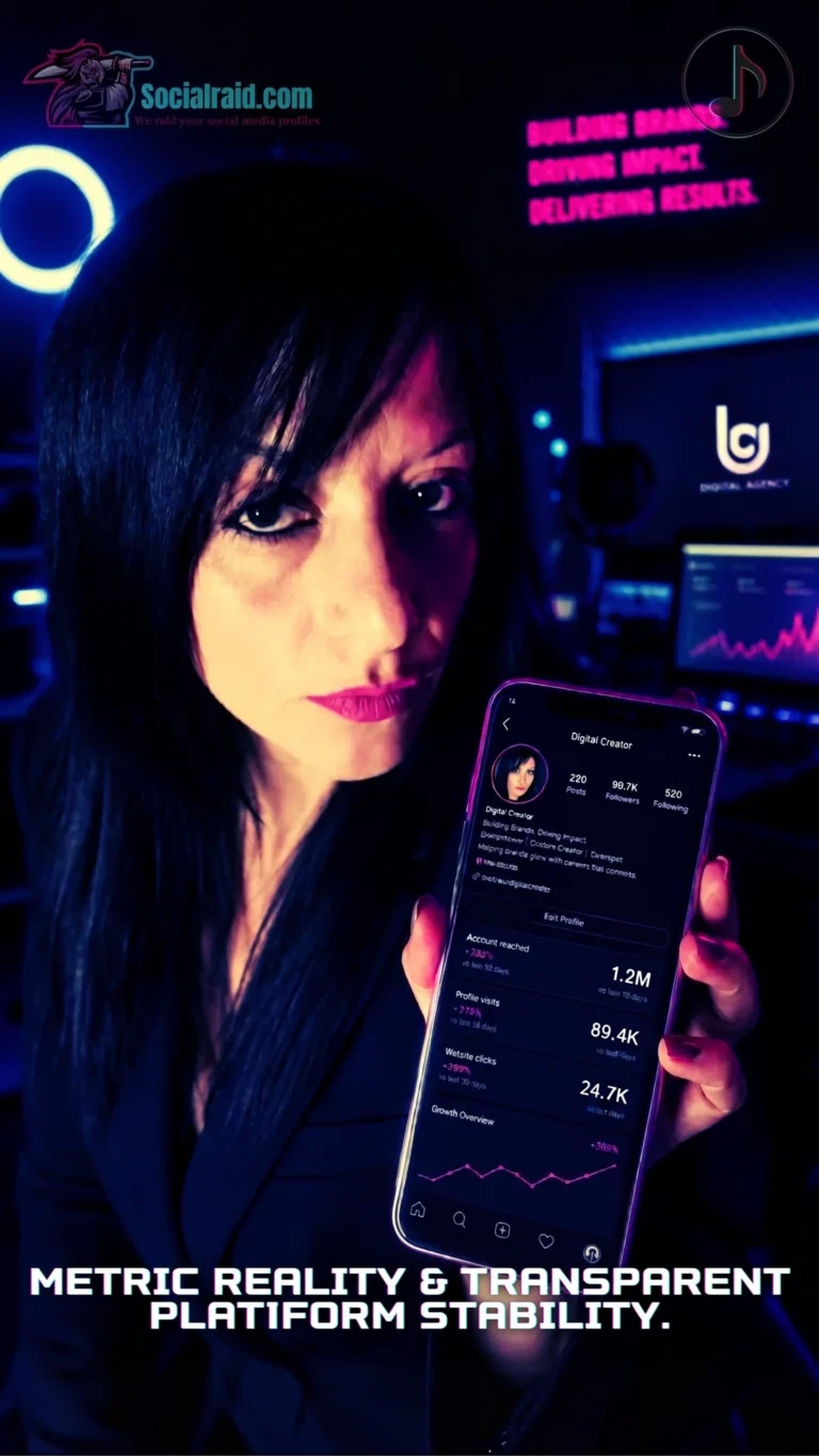 A digital female marketer analyzing profile analytics to buy cheap tiktok followers.