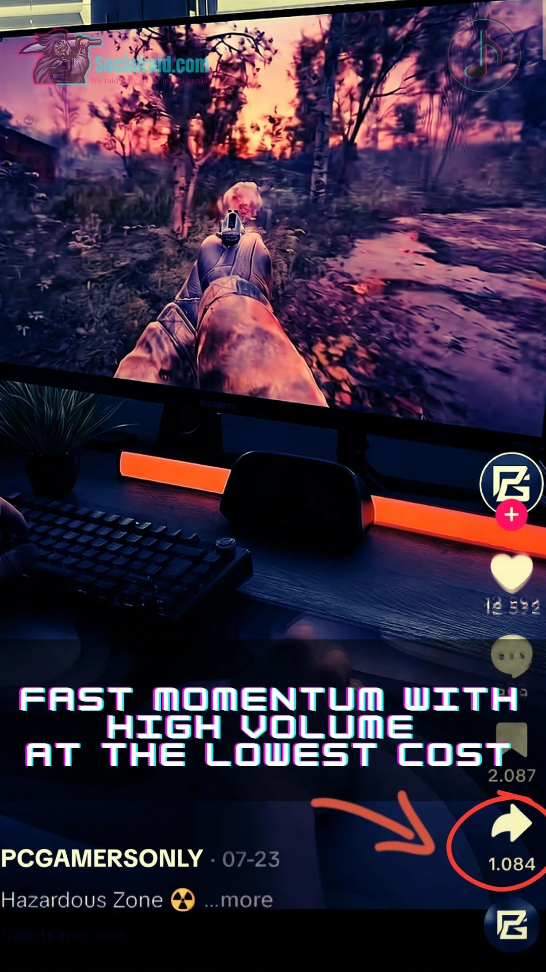 First-person view of a PC gaming battlestation displaying high TikTok shares on a gaming clip for buy cheap TikTok shares.