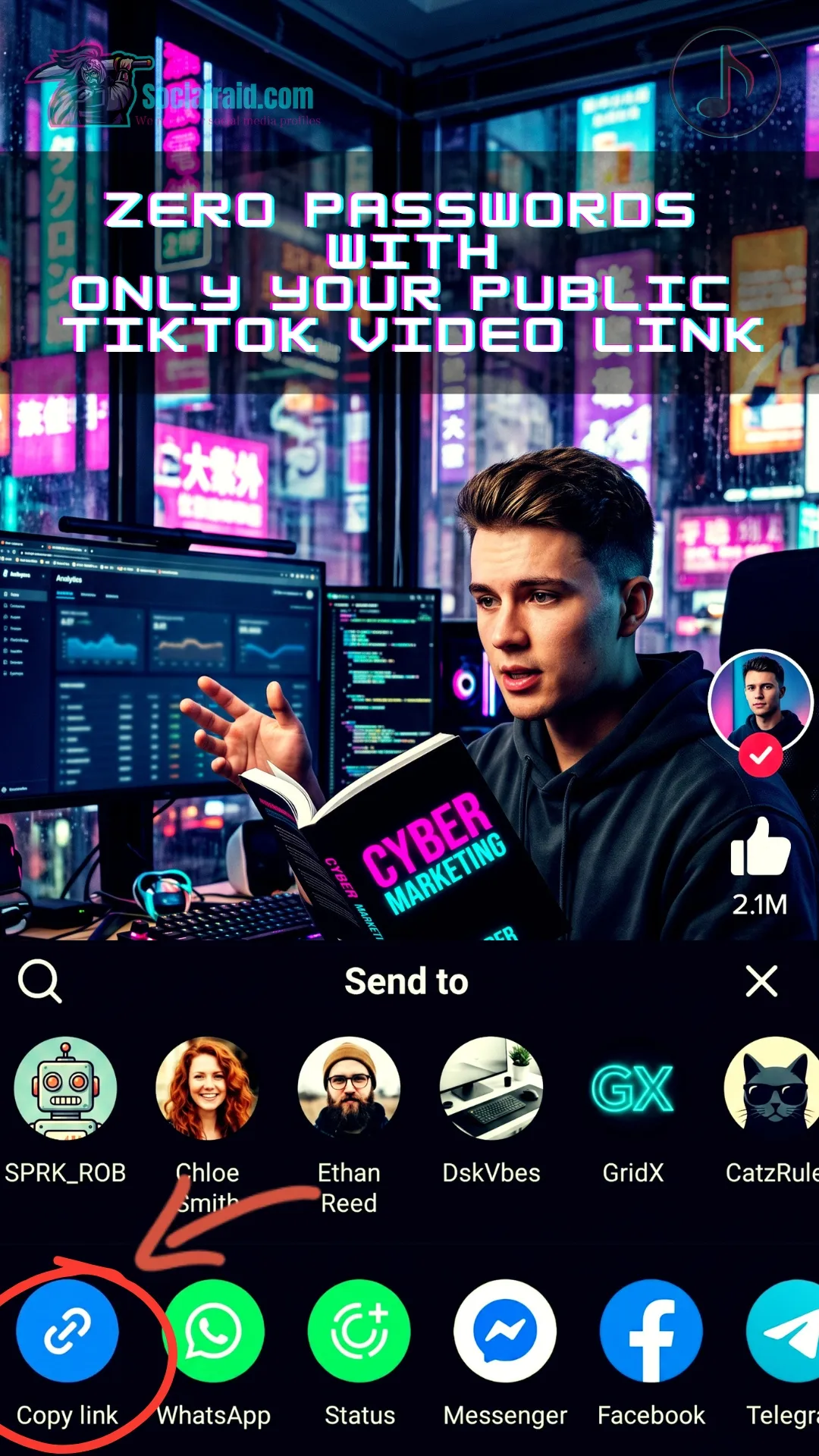 A male digital marketer reviewing secure public link TikTok shares orders on a smartphone in a modern office.