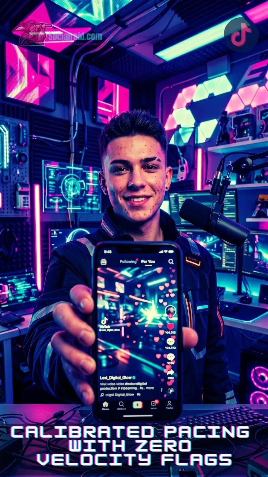 A male tiiktok influencer showing growth strategist tracking progressive video like delivery curves on a smartphone in a studio.