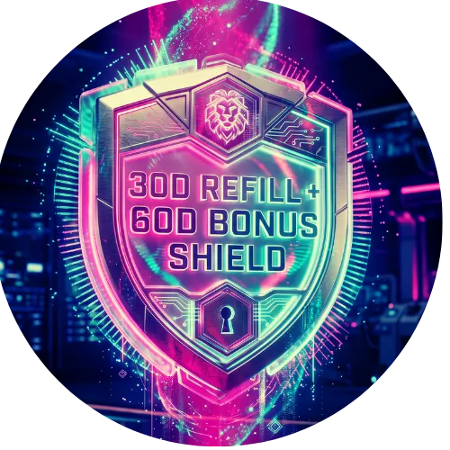 A 3D metallic holographic security emblem with a dual shield icon representing extended 90-day refill protection.