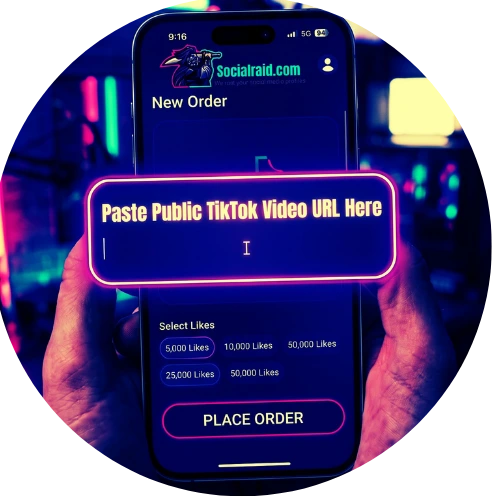 Hands holding a smartphone on the Socialraid order screen with an input field to paste a public TikTok video URL for secure delivery