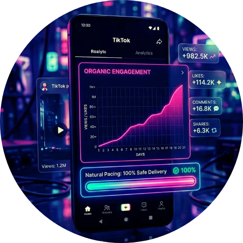 A dark smartphone screen displaying a TikTok video engagement progress bar with steady, natural like delivery metrics.