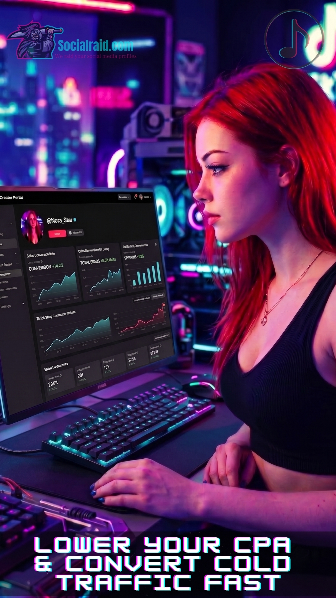 An e-commerce brand owner analyzing online store conversions and sales data on a laptop in an office.