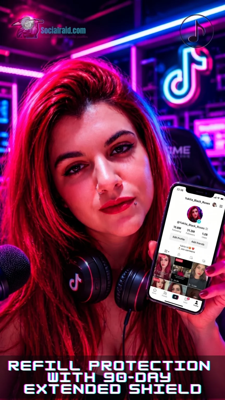 A digital female creator showing tiktok analytics and growth metrics on an smartphone screen in a studio.