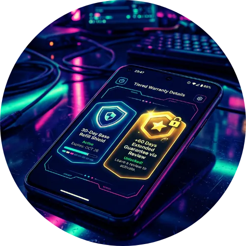 A smartphone on a high-tech studio desk displaying a tiered warranty dashboard with a 30-day base refill shield and 60-day extended guarantee