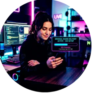 A female creator smiling while monitoring steady TikTok shares delivery on her phone in a modern workspace.
