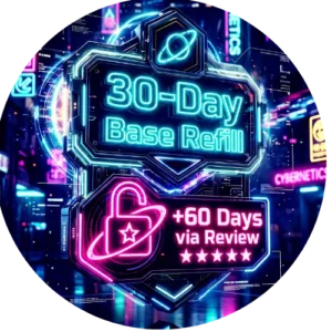 A dual warranty shield badge displaying 30 days base protection plus 60 days bonus coverage for reviews.