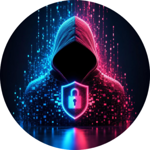 A circular digital illustration of an anonymous hooded hacker figure against a dark background with streaming blue and magenta-pink code matrix elements. A glowing shield icon with a padlock is centered on the chest, illuminated in split neon blue and pink, reflecting onto a glossy surface below.